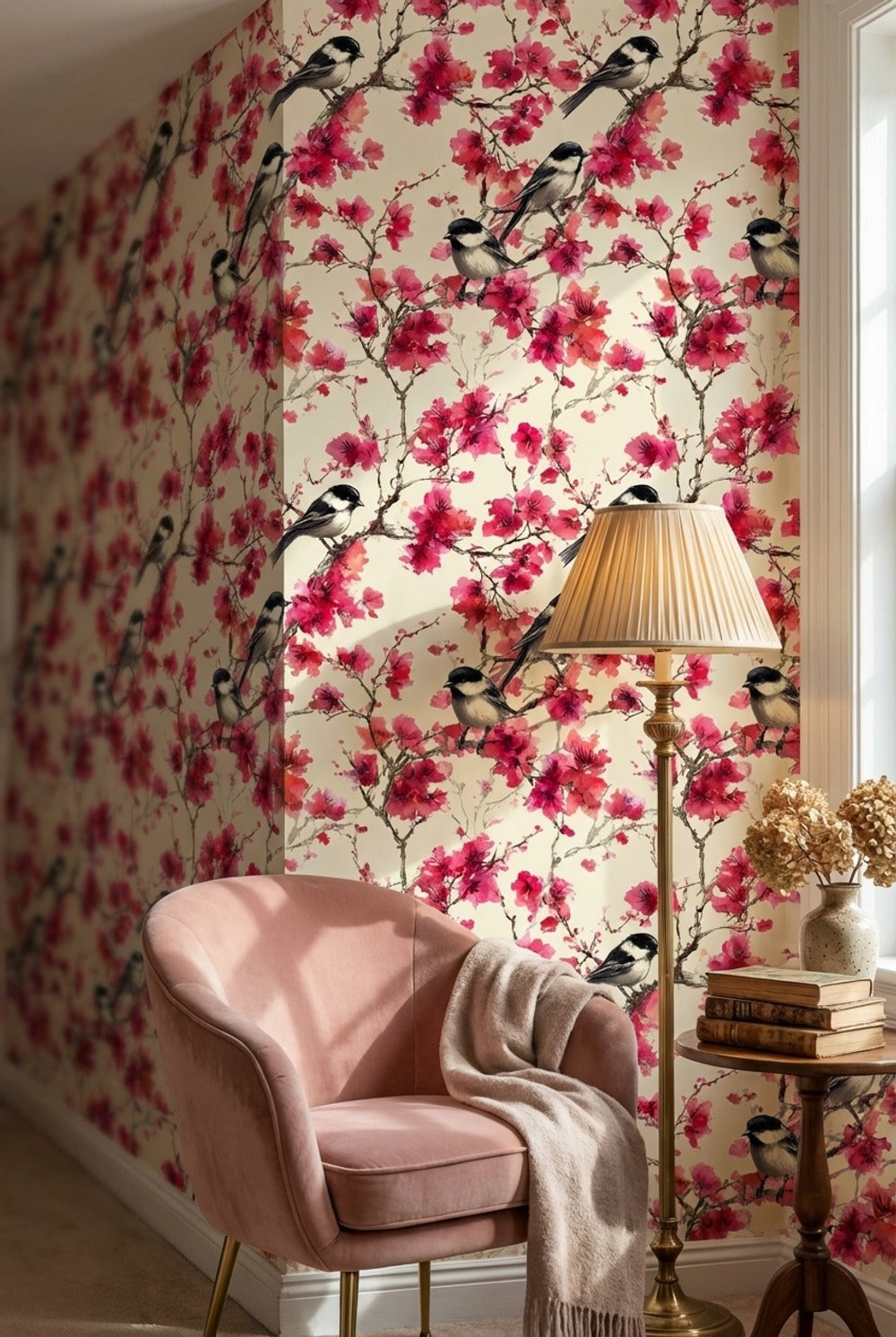 Floral Wallpaper Birds Removable Pink Wall Mural