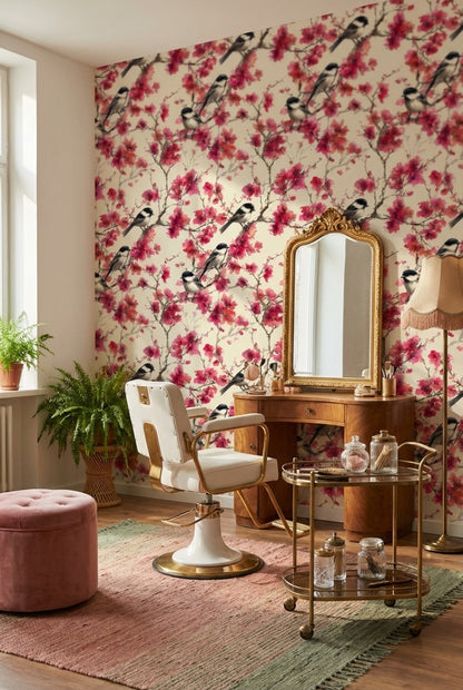 Floral Wallpaper Birds Removable Pink Wall Mural