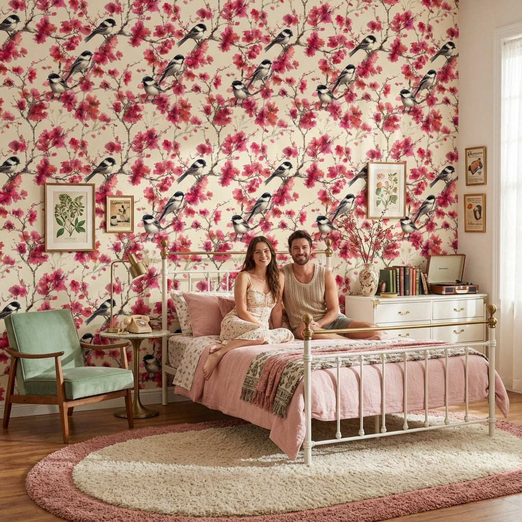 Floral Wallpaper Birds Removable Pink Wall Mural