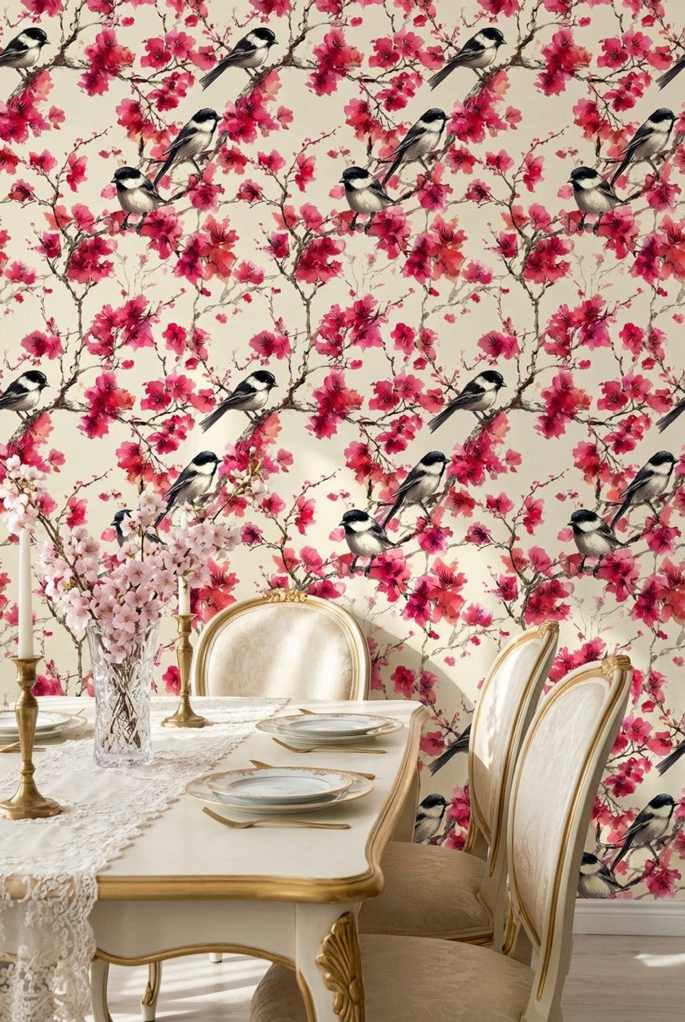 Floral Wallpaper Birds Removable Pink Wall Mural