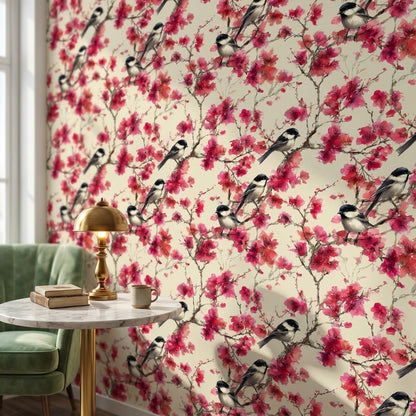 Floral Wallpaper Birds Removable Pink Wall Mural