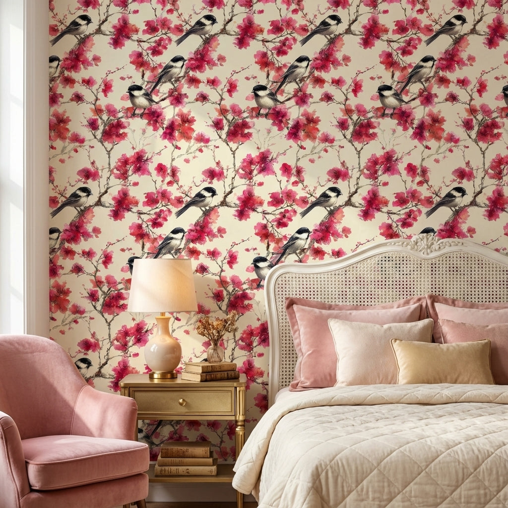 Floral Wallpaper Birds Removable Pink Wall Mural
