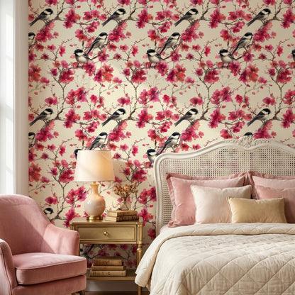 Floral Wallpaper Birds Removable Pink Wall Mural