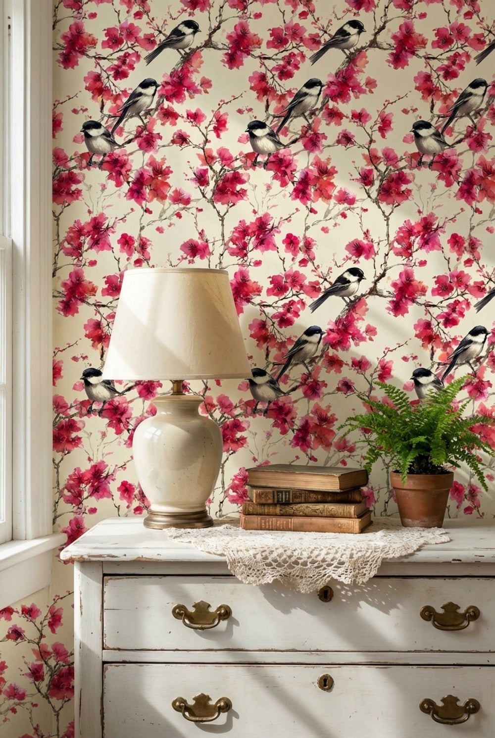 Floral Wallpaper Birds Removable Pink Wall Mural