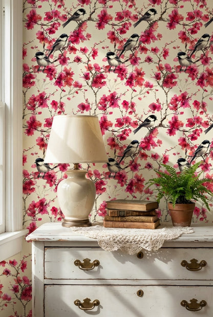 Floral Wallpaper Birds Removable Pink Wall Mural