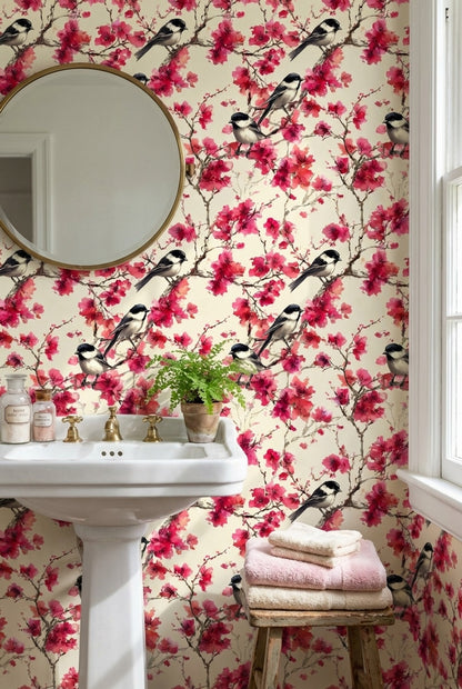 Floral Wallpaper Birds Removable Pink Wall Mural