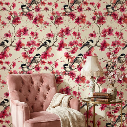 Floral Wallpaper Birds Removable Pink Wall Mural
