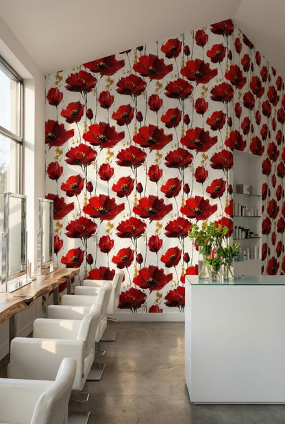 White Background Wallpaper Red Floral Decor