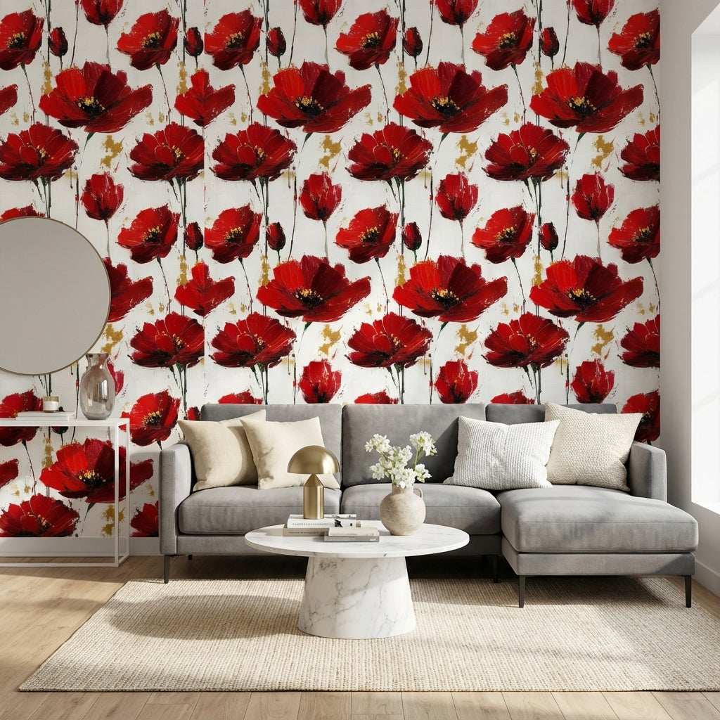 White Background Wallpaper Red Floral Decor