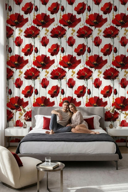 White Background Wallpaper Red Floral Decor