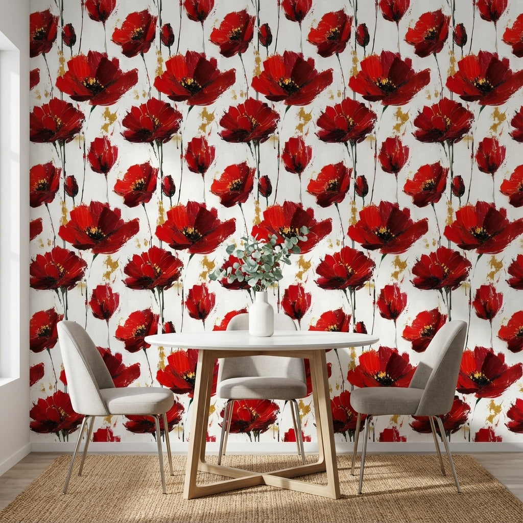 White Background Wallpaper Red Floral Decor
