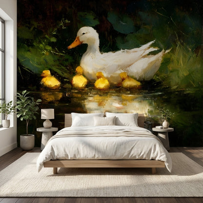 Ducklings Nature Wallpaper Greenery Pond Wall Mural