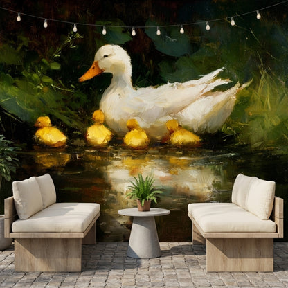 Ducklings Nature Wallpaper Greenery Pond Wall Mural