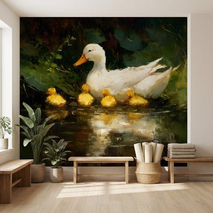 Ducklings Nature Wallpaper Greenery Pond Wall Mural
