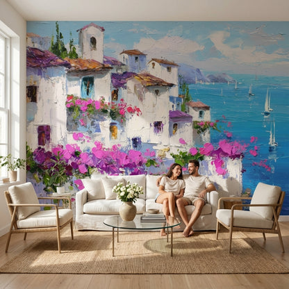 Mediterranean Wallpaper Flowers Sailboats Wall Mural