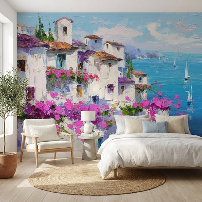 Mediterranean Wallpaper Flowers Sailboats Wall Mural