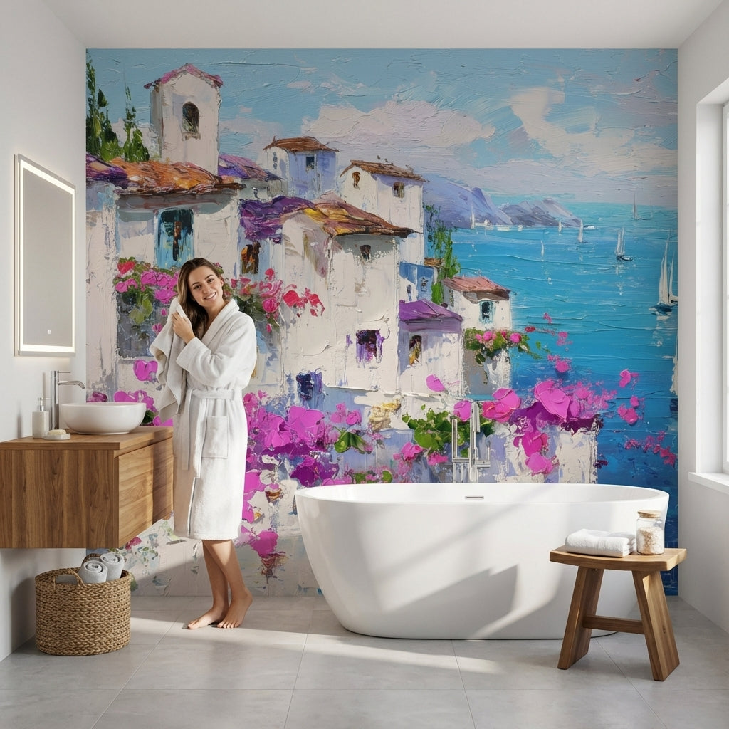Mediterranean Wallpaper Flowers Sailboats Wall Mural