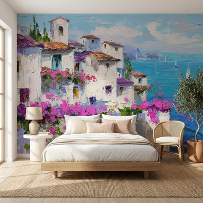 Mediterranean Wallpaper Flowers Sailboats Wall Mural
