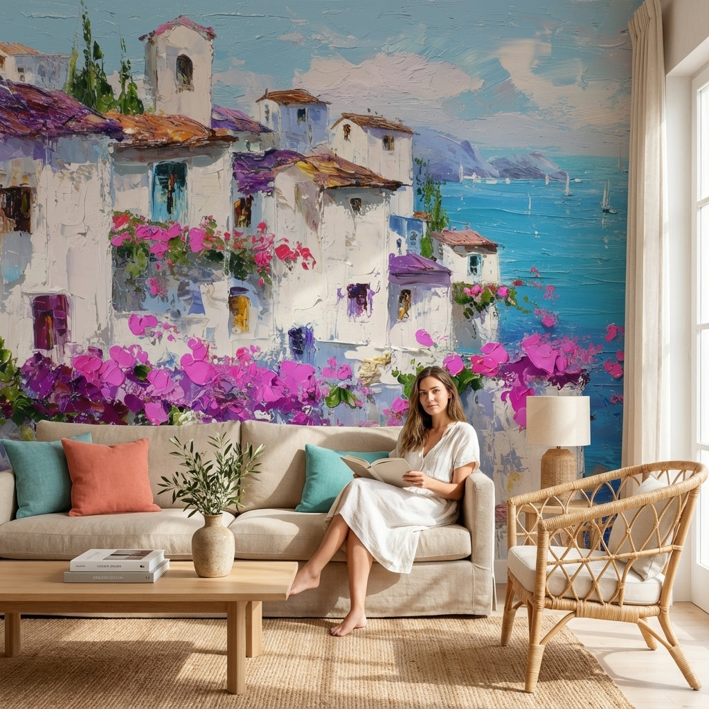 Mediterranean Wallpaper Flowers Sailboats Wall Mural