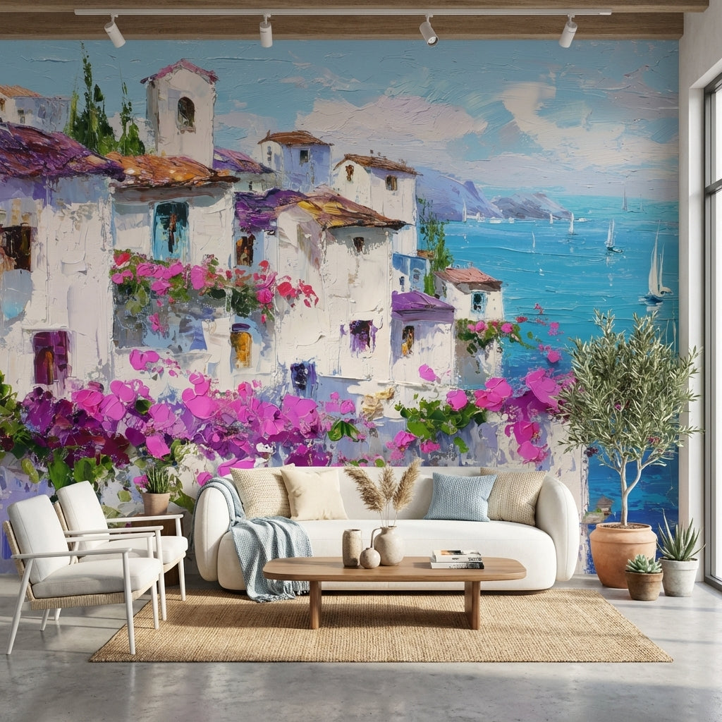 Mediterranean Wallpaper Flowers Sailboats Wall Mural