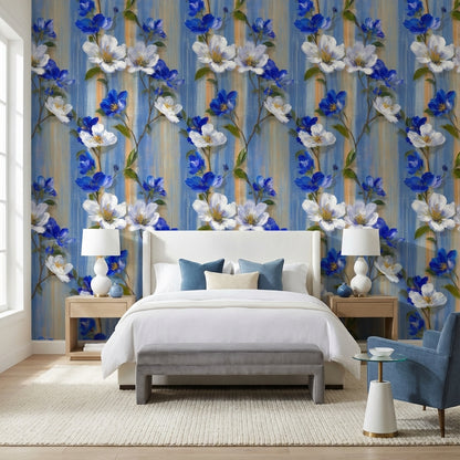 Floral Wallpaper Blue Bright Decorative Mural