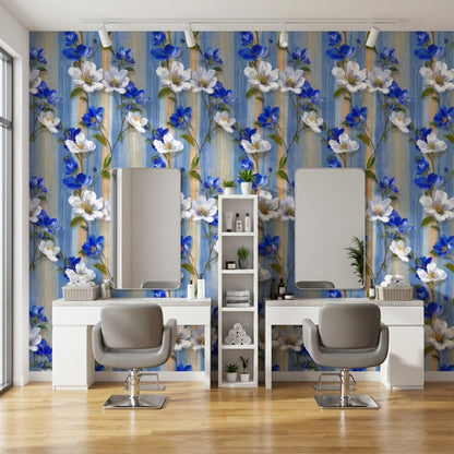 Floral Wallpaper Blue Bright Decorative Mural