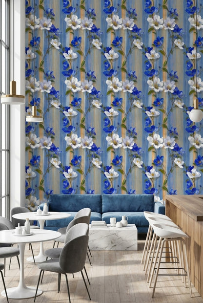 Floral Wallpaper Blue Bright Decorative Mural