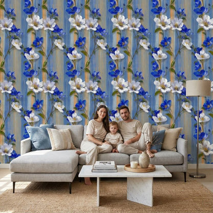 Floral Wallpaper Blue Bright Decorative Mural
