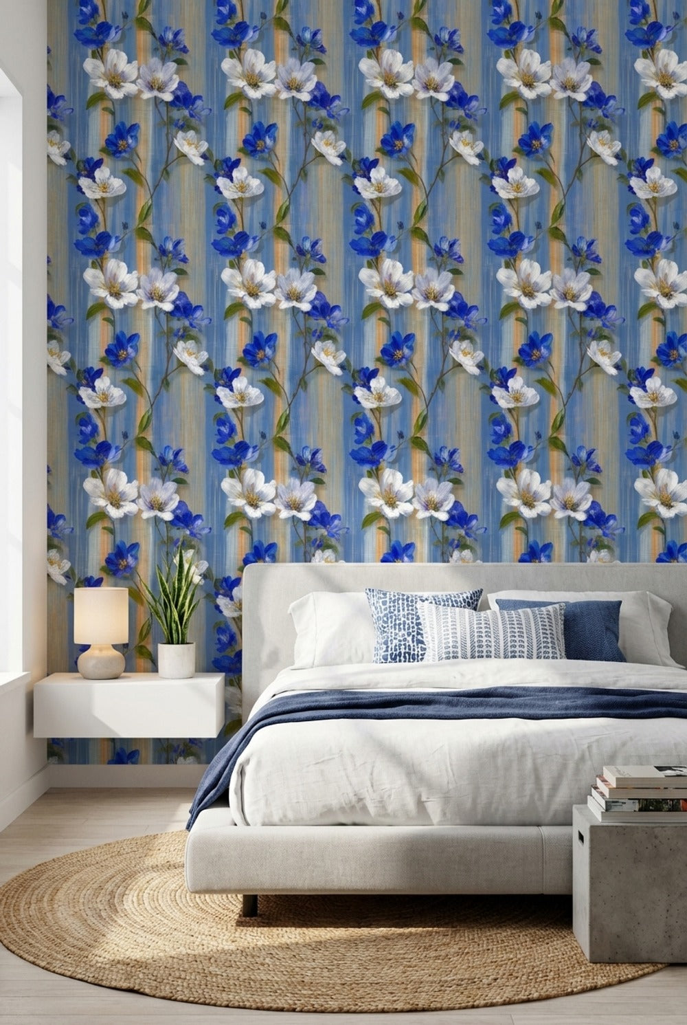 Floral Wallpaper Blue Bright Decorative Mural