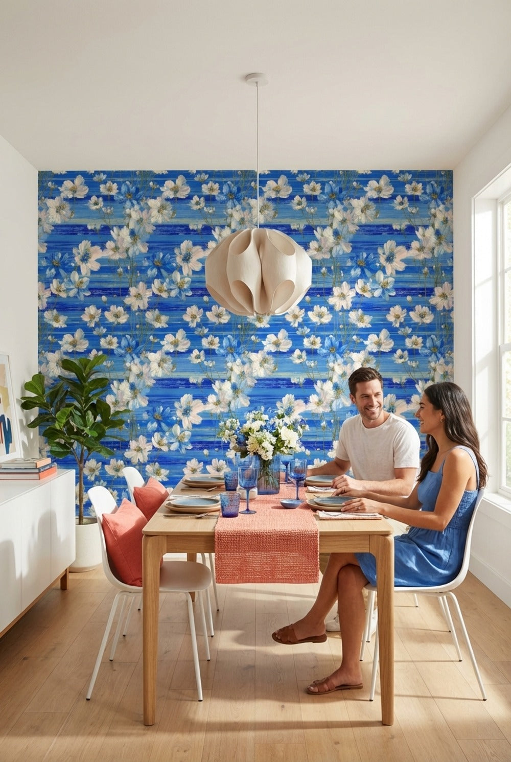 Floral Wallpaper Blue Modern Removable Wall Decor