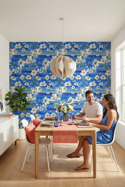 Floral Wallpaper Blue Modern Removable Wall Decor