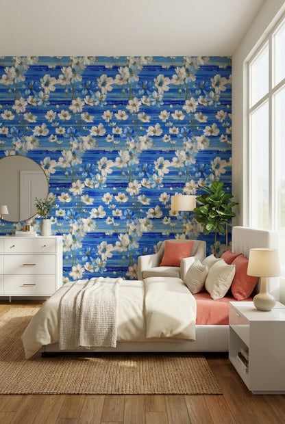 Floral Wallpaper Blue Modern Removable Wall Decor