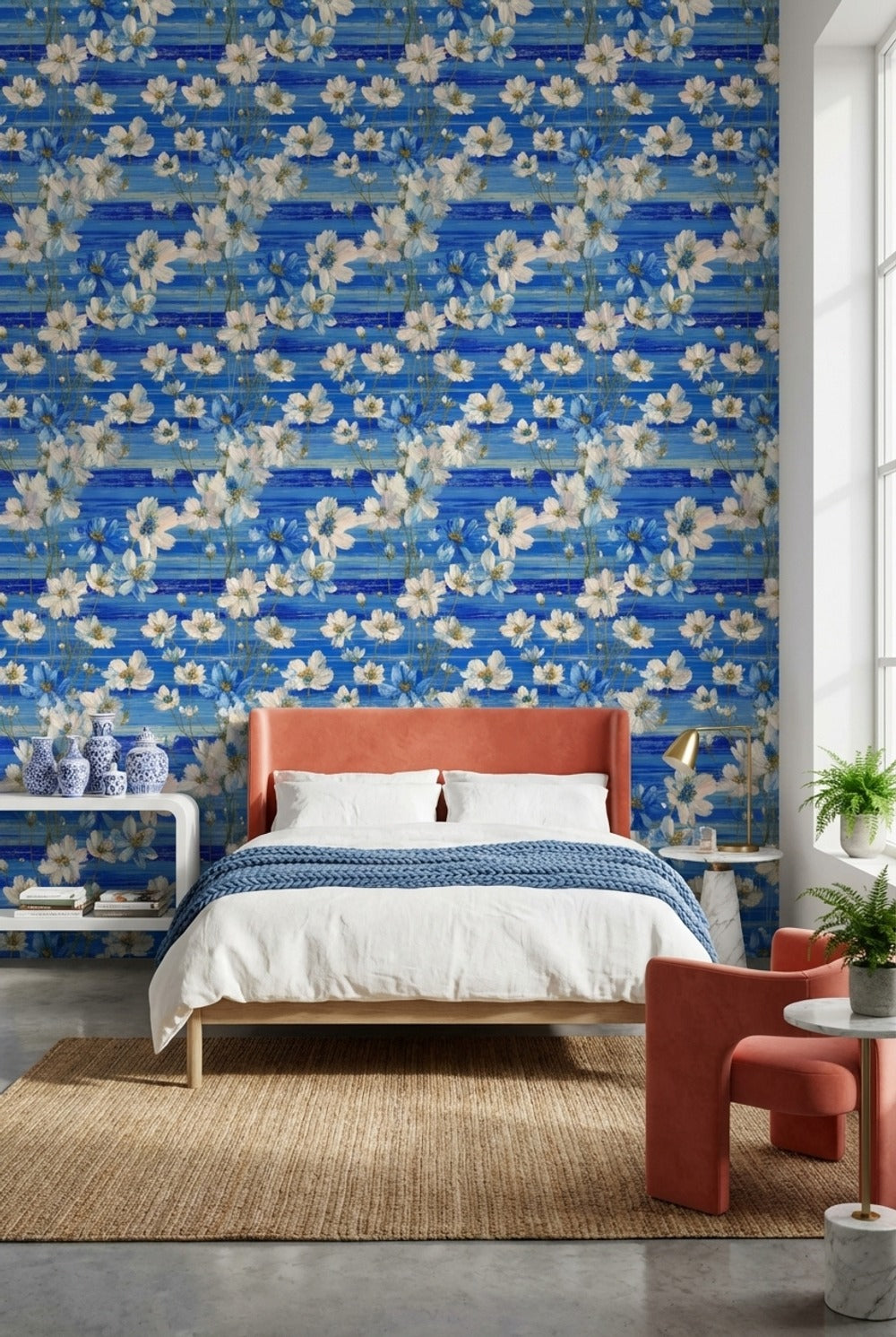 Floral Wallpaper Blue Modern Removable Wall Decor