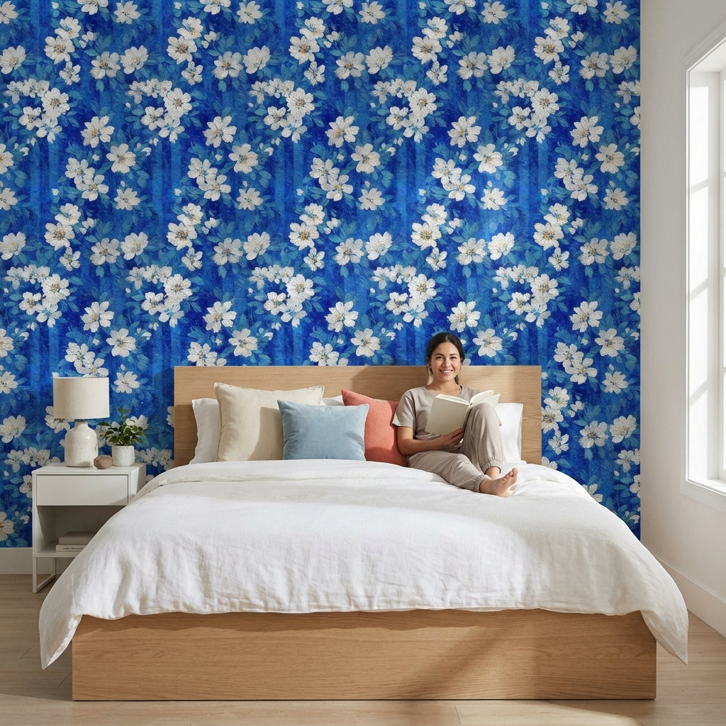 Floral Wallpaper Blue Removable Modern Wall Mural