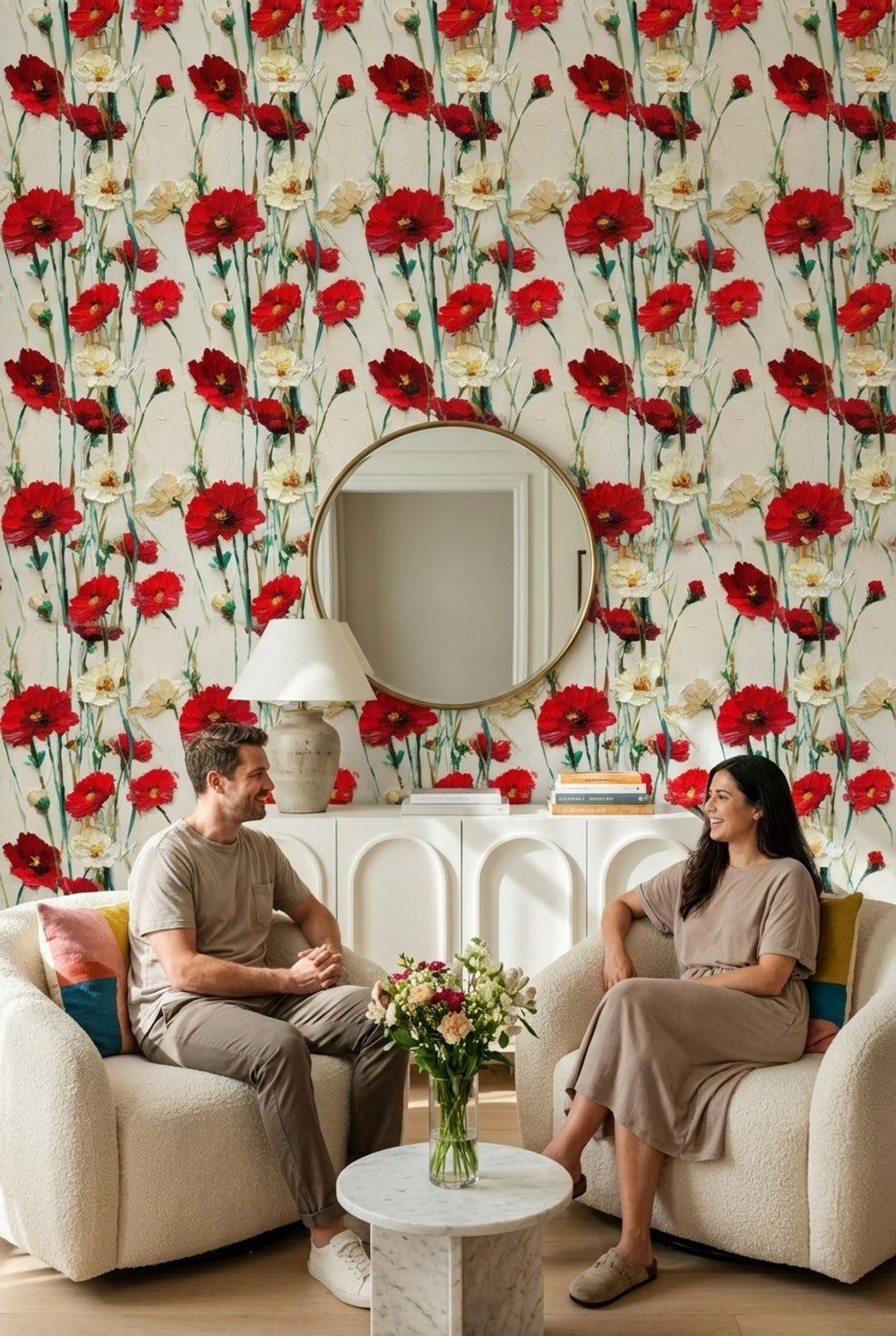 Floral Wallpaper Abstract Red Decorative Mural
