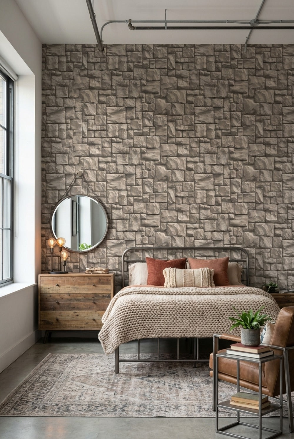 Stone Texture Wallpaper Brown Rustic Removable Wall Decor