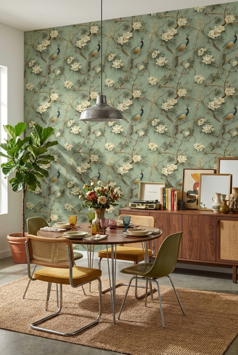 Muted Green Wallpaper Classic Floral Decorative Mural