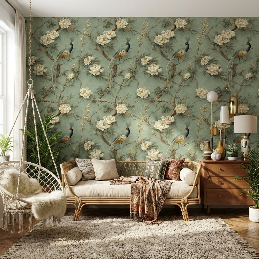 Muted Green Wallpaper Classic Floral Decorative Mural
