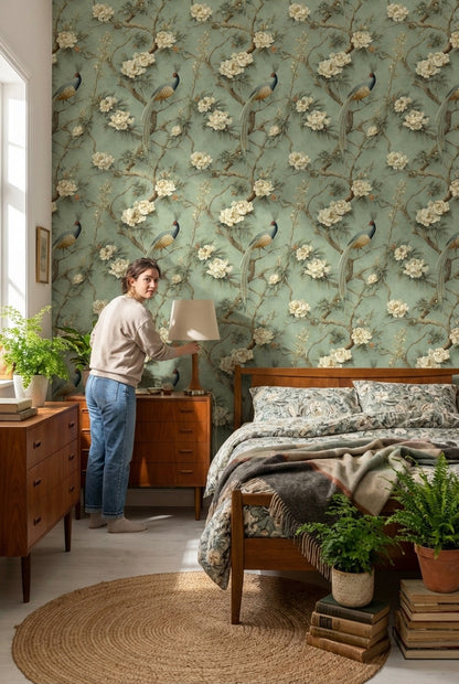 Muted Green Wallpaper Classic Floral Decorative Mural