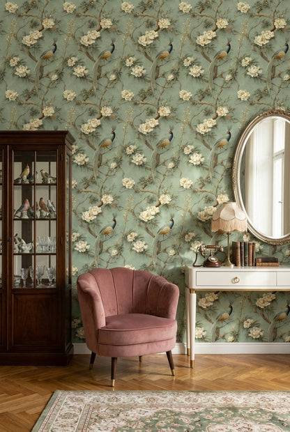 Muted Green Wallpaper Classic Floral Decorative Mural