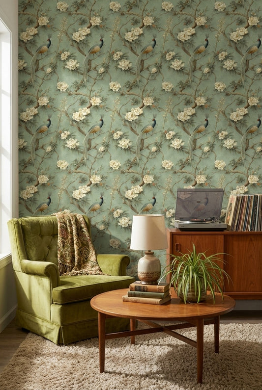 Muted Green Wallpaper Classic Floral Decorative Mural