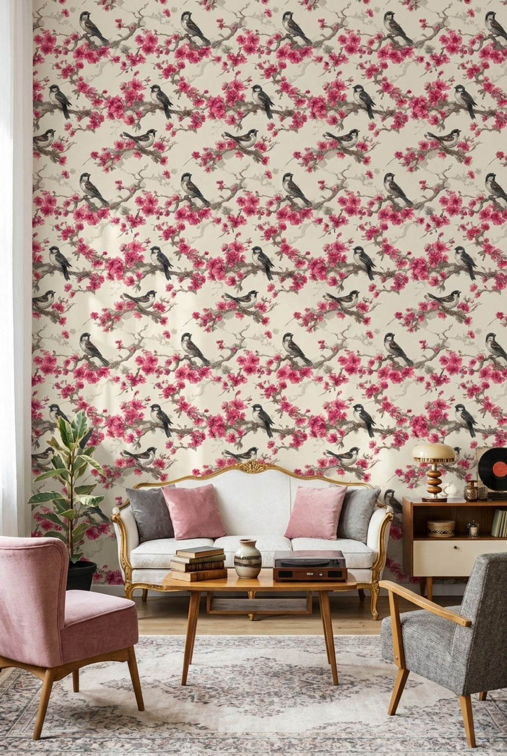 Floral Wallpaper Birds Removable Cherry Blossoms Wall Mural