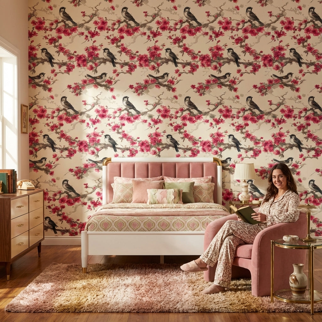 Floral Wallpaper Birds Removable Cherry Blossoms Wall Mural