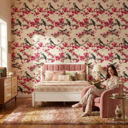 Floral Wallpaper Birds Removable Cherry Blossoms Wall Mural