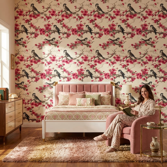 Floral Wallpaper Birds Removable Cherry Blossoms Wall Mural
