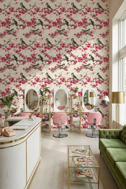 Floral Wallpaper Birds Removable Cherry Blossoms Wall Mural