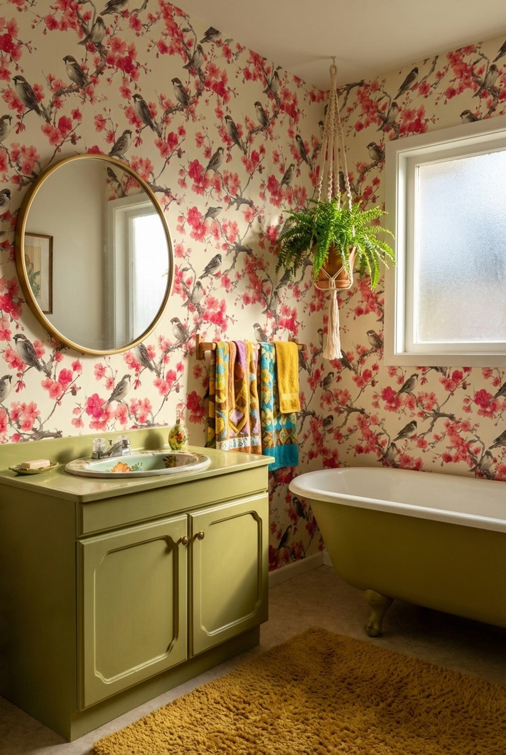 Floral Wallpaper Birds Removable Cherry Blossoms Wall Mural