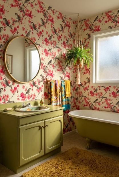 Floral Wallpaper Birds Removable Cherry Blossoms Wall Mural