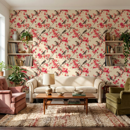 Floral Wallpaper Birds Removable Cherry Blossoms Wall Mural