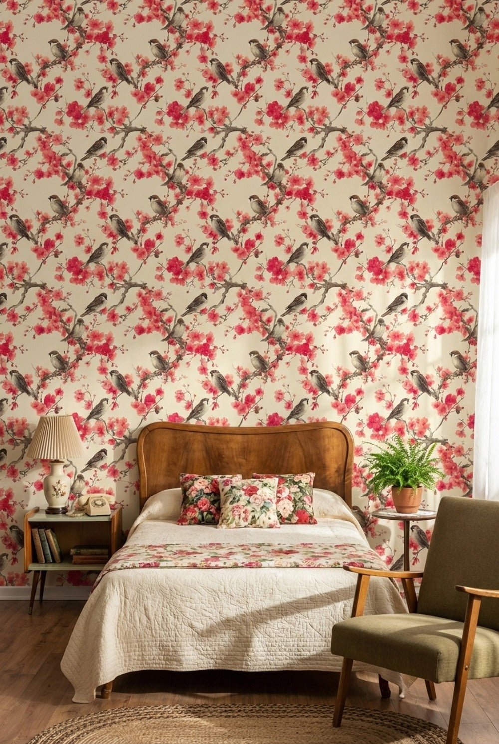 Floral Wallpaper Birds Removable Cherry Blossoms Wall Mural